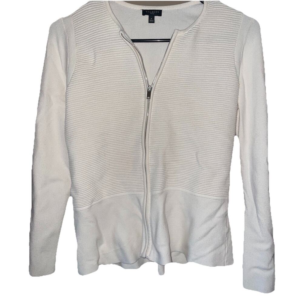 Talbots Women’s Zip Up Ribbed White Stretch Sweater Long Sleeve Sz Small Petite